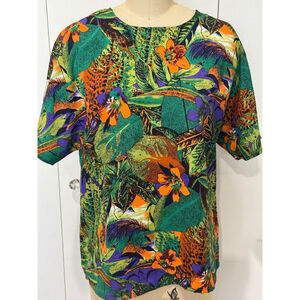 Women's Nicola jungle Floral Print short sleeve blouse Size M Green Orange